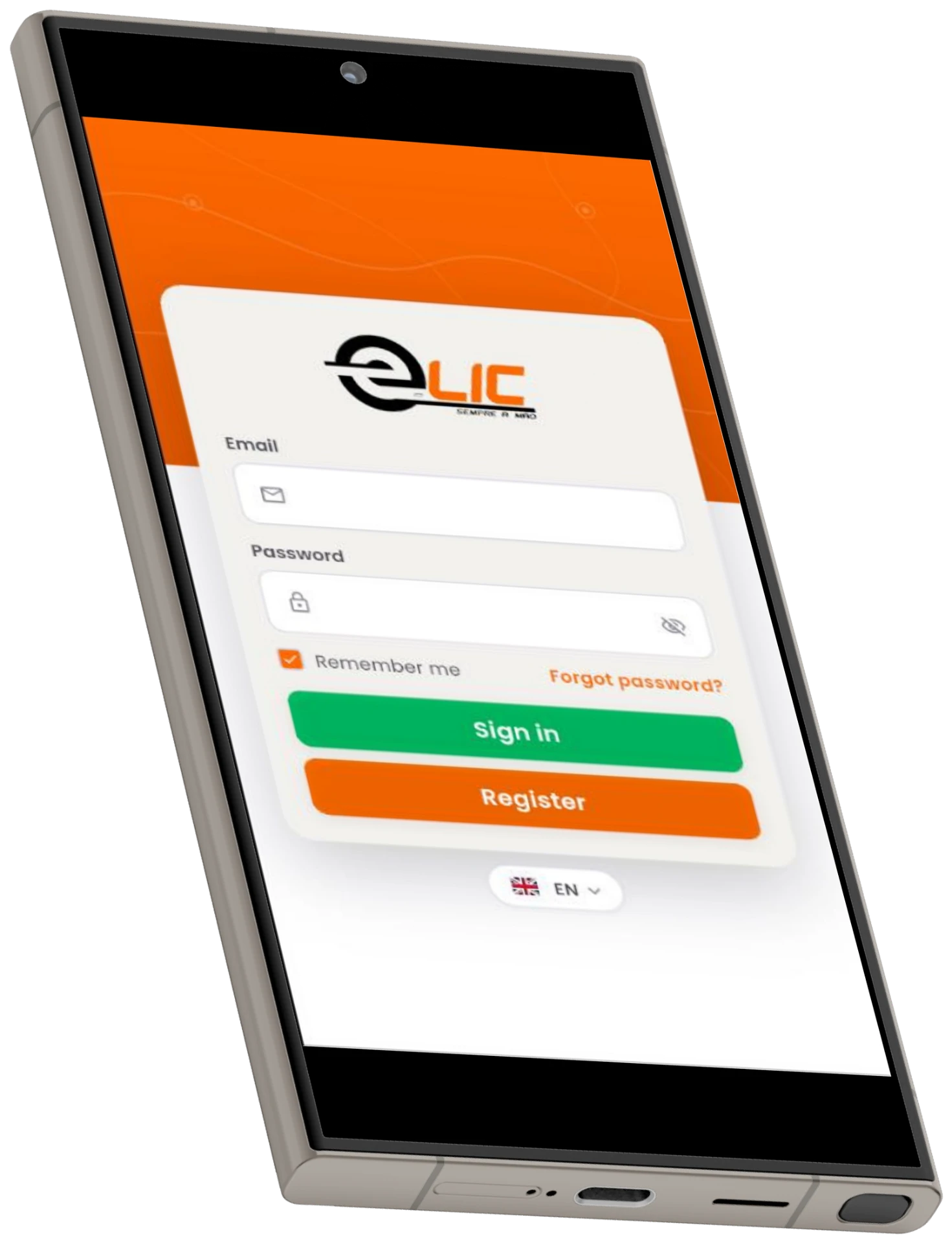Aplicação e-lic no telemóvel, ecrã de início de sessão